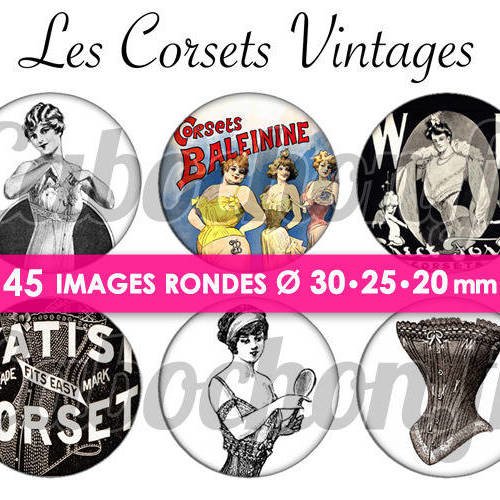 Les corsets vintages ll ☆ 45 images digitales numériques rondes 30 25 et 20 mm page de collage digital pour cabochons 