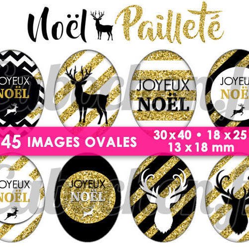 Noël pailleté ☆ 45 images digitales numériques ovales 30x40 18x25 et 13x18 mm page cabochons 