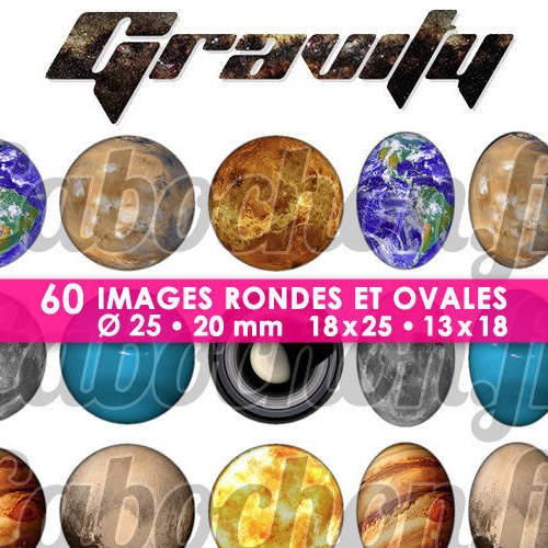 Gravity ☆ 60 images digitales numériques rondes 25 et 20 mm et ovales 18x25 et 13x18 mm page d'images pour cabochons 