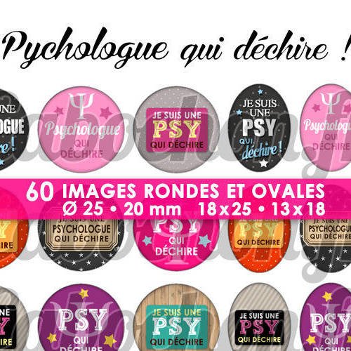 Psychologue qui déchire ! ☆ 60 images digitales numériques rondes 25 et 20 mm et ovales 18x25 et 13x18 mm page d'images pour cabochons 