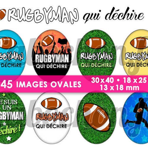 Rugbyman qui déchire ! ☆ 45 images digitales numériques ovales 30x40 18x25 et 13x18 mm page cabochons 