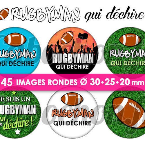 Rugbyman qui déchire ! ☆ 45 images digitales numériques rondes 30 25 et 20 mm page de collage digital pour cabochons 