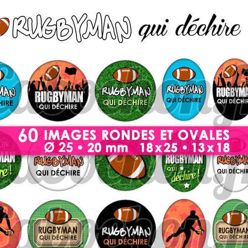 Rugbyman qui déchire ! ☆ 60 images digitales numériques rondes 25 et 20 mm et ovales 18x25 et 13x18 mm page d'images pour cabochons 