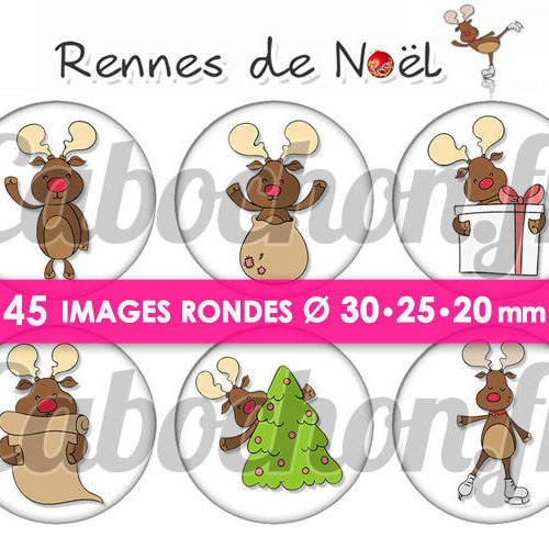 Rennes de noël ll ☆ 45 images digitales numériques rondes 30 25 et 20 mm page de collage digital pour cabochons 