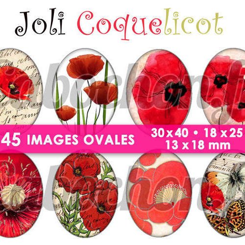 Joli coquelicot ☆ 45 images digitales numériques ovales 30x40 18x25 et 13x18 mm page cabochons 