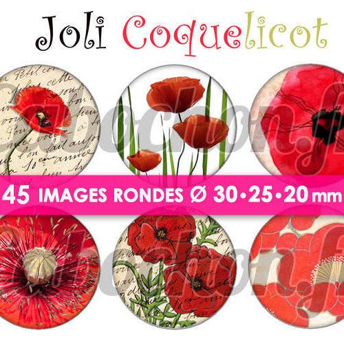 Joli coquelicot ☆ 45 images digitales numériques rondes 30 25 et 20 mm page de collage digital pour cabochons 