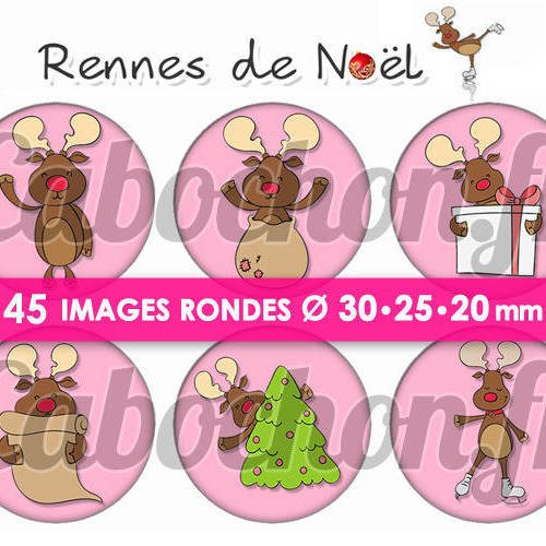 Rennes de noël ☆ 45 images digitales numériques rondes 30 25 et 20 mm page de collage digital pour cabochons 