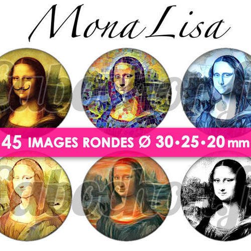 Mona lisa ☆ 45 images digitales numériques rondes 30 25 et 20 mm page de collage digital pour cabochons - joconde 