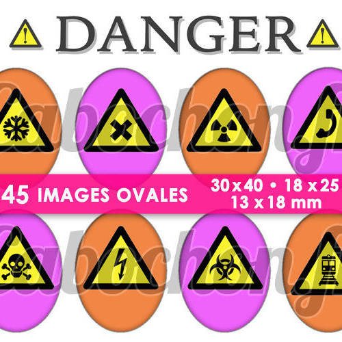 Danger ☆ 45 images digitales numériques ovales 30x40 18x25 et 13x18 mm page cabochons 