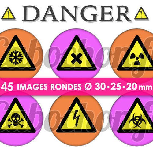 Danger ☆ 45 images digitales numériques rondes 30 25 et 20 mm page de collage digital pour cabochons 