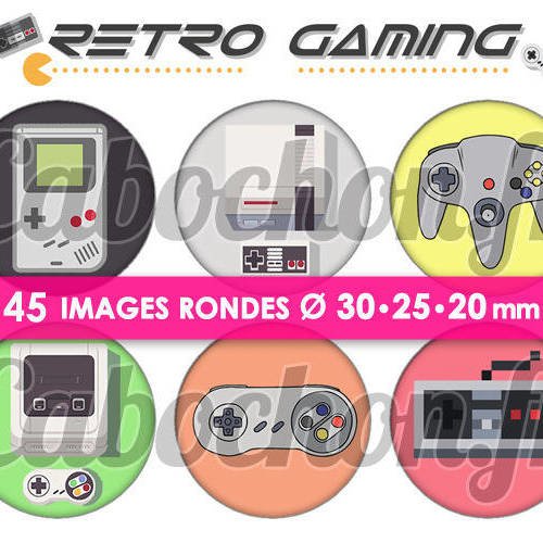 Retro gaming ☆ 45 images digitales numériques rondes 30 25 et 20 mm page de collage digital pour cabochons 