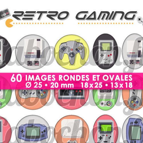 Retro gaming ☆ 60 images digitales numériques rondes 25 et 20 mm et ovales 18x25 et 13x18 mm page d'images pour 