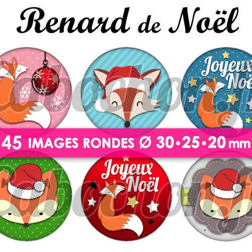 Renard de noël ☆ 45 images digitales numériques rondes 30 25 et 20 mm page de collage digital pour cabochons 