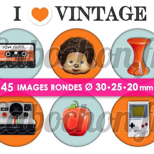 I ♥ vintage ☆ 45 images digitales numériques rondes 30 25 et 20 mm page de collage digital pour cabochons 