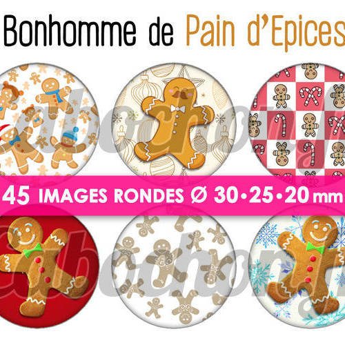 Bonhomme de pain d'epices ☆ 45 images digitales numériques rondes 30 25 et 20 mm page de collage digital pour cabochons 