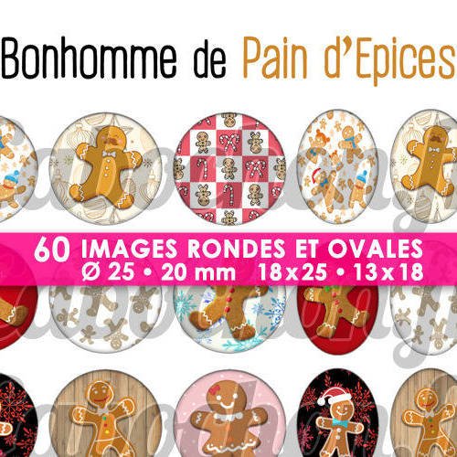 Bonhomme de pain d'epices ☆ 60 images digitales numériques rondes 25 et 20 mm et ovales 18x25 et 13x18 mm page d'images pour cabochons 