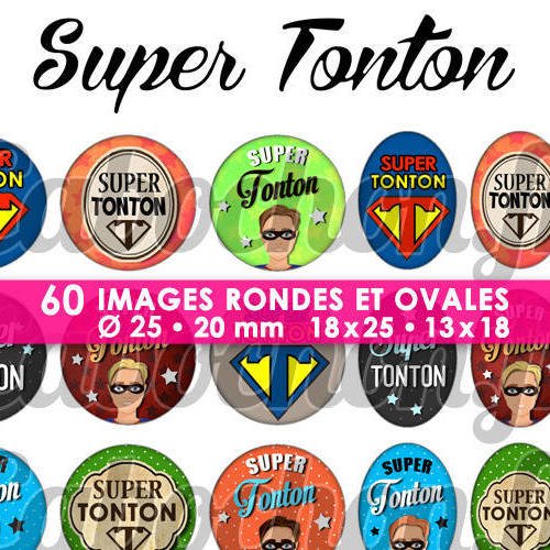 Super tonton ☆ 60 images digitales numériques rondes 25 et 20 mm et ovales 18x25 et 13x18 mm page d'images pour cabochons 