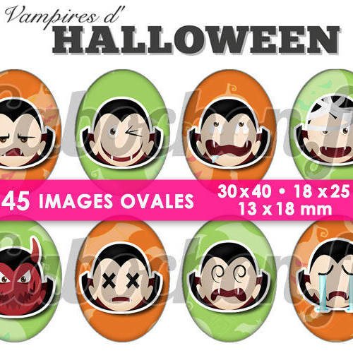 Vampires d'halloween ☆ 45 images digitales numériques ovales 30x40 18x25 et 13x18 mm page cabochons 