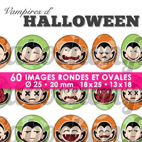 Vampires d'halloween ☆ 60 images digitales numériques rondes 25 et 20 mm et ovales 18x25 et 13x18 mm page d'images pour cabochons 