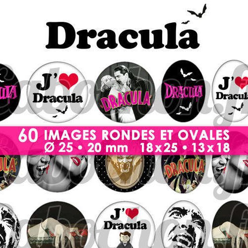 Dracula  ☆ 60 images digitales numériques rondes 25 et 20 mm et ovales 18x25 et 13x18 mm page d'images pour cabochons 