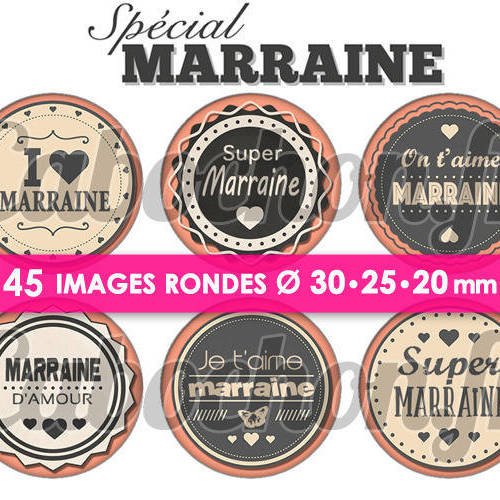 Spécial marraine  ☆ 45 images digitales numériques rondes 30 25 et 20 mm page de collage digital pour cabochons 