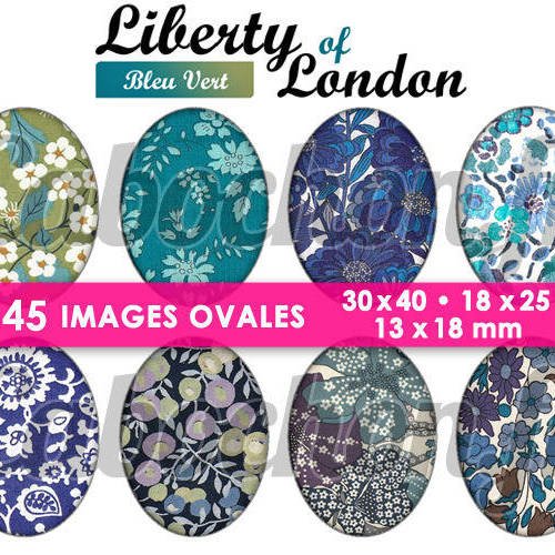 Liberty of london - bleu vert ☆ 45 images digitales numériques ovales 30x40 18x25 et 13x18 mm page cabochons 