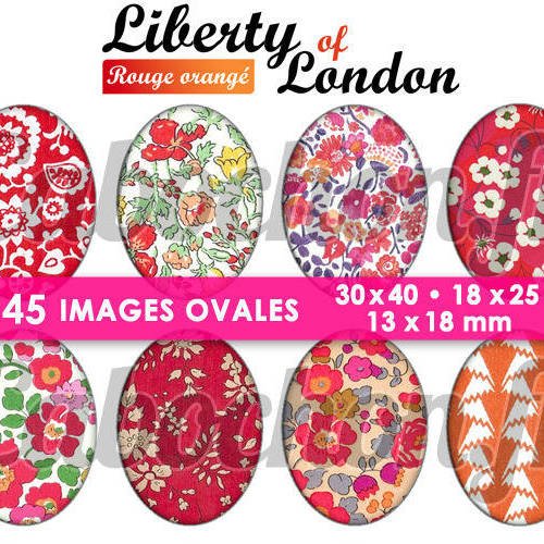 Liberty of london - rouge orangé ☆ 45 images digitales numériques ovales 30x40 18x25 et 13x18 mm page cabochons 