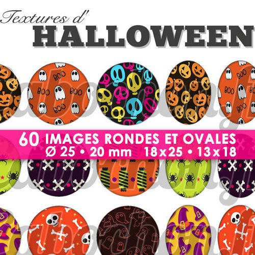 Textures d'halloween  ☆ 60 images digitales numériques rondes 25 et 20 mm et ovales 18x25 et 13x18 mm page d'images pour cabochons 