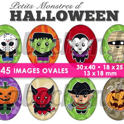 Petits monstres d'halloween  ☆ 45 images digitales numériques ovales 30x40 18x25 et 13x18 mm page cabochons 