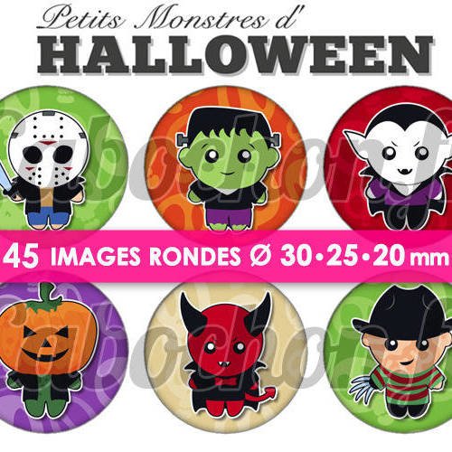 Petits monstres d'halloween  ☆ 45 images digitales numériques rondes 30 25 et 20 mm page de collage digital pour cabochons 