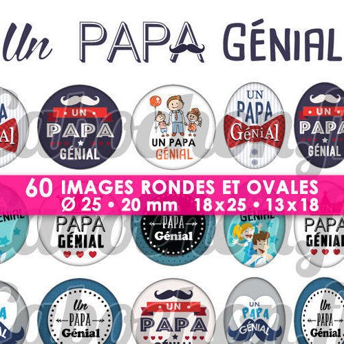 Un papa génial ☆ 60 images digitales numériques rondes 25 et 20 mm et ovales 18x25 et 13x18 mm page d'images pour cabochons 