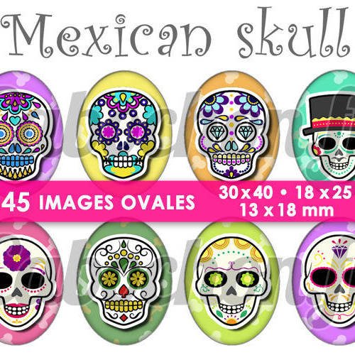 Mexican skull lv ☆ 45 images digitales numériques ovales 30x40 18x25 et 13x18 mm page cabochons 