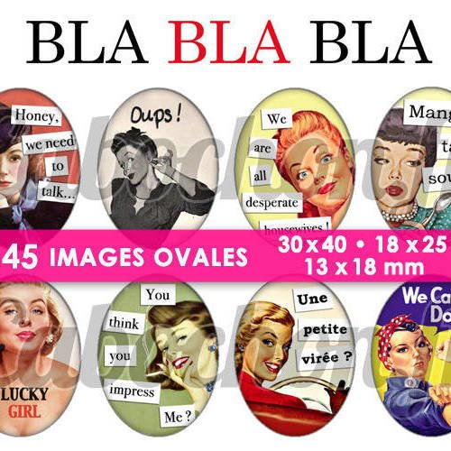 Bla bla bla ☆ 45 images digitales numériques ovales 30x40 18x25 et 13x18 mm page cabochons 