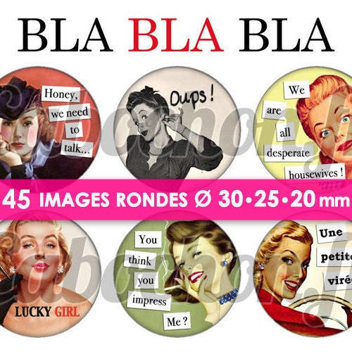 Bla bla bla ☆ 45 images digitales numériques rondes 30 25 et 20 mm page de collage digital pour cabochons 