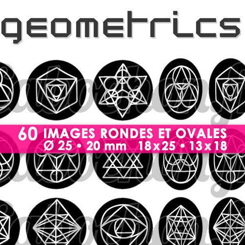 Geometrics ll ☆ 60 images digitales / numériques rondes 25 et 20 mm et ovales 18x25 et 13x18 mm page d'images cabochons 