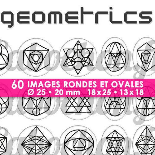 Geometrics  ☆ 60 images digitales / numériques rondes 25 et 20 mm et ovales 18x25 et 13x18 mm page d'images cabochons 