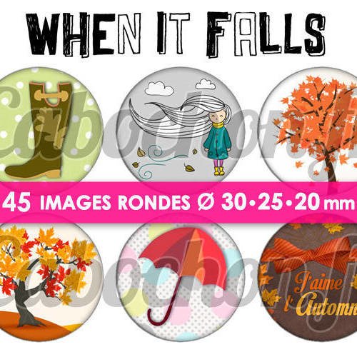 When it falls - l'automne ☆ 45 images digitales numériques rondes 30 25 et 20 mm page de collage digital pour cabochons 