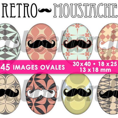 Retro moustache ☆ 45 images digitales numériques ovales 30x40 18x25 et 13x18 mm page cabochons 