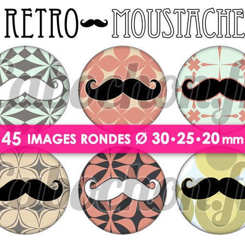 Retro moustache ☆ 45 images digitales numériques rondes 30 25 et 20 mm page de collage digital pour cabochons 