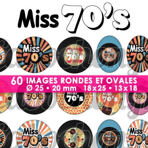Miss 70's - seventies ☆ 60 images digitales numériques rondes 25 et 20 mm et ovales 18x25 et 13x18 mm disque vinyle 70 page cabochons bijoux 
