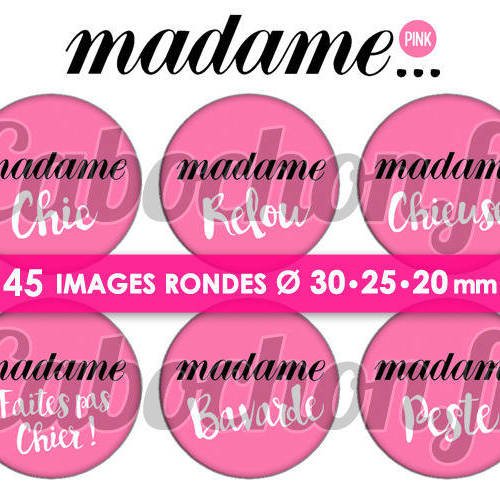 Madame ... pink ☆ 45 images digitales numériques rondes 30 25 et 20 mm page de collage digital pour cabochons 