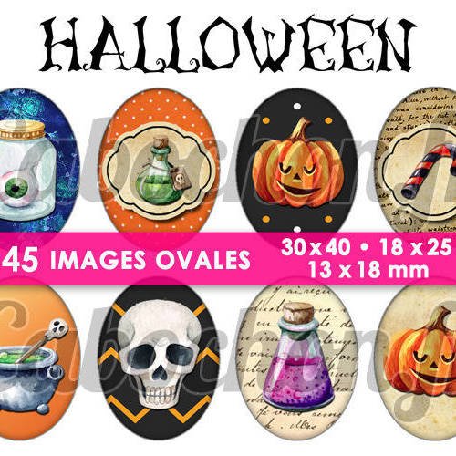 Halloween vl  ☆ 45 images digitales numériques ovales 30x40 18x25 et 13x18 mm page cabochons 