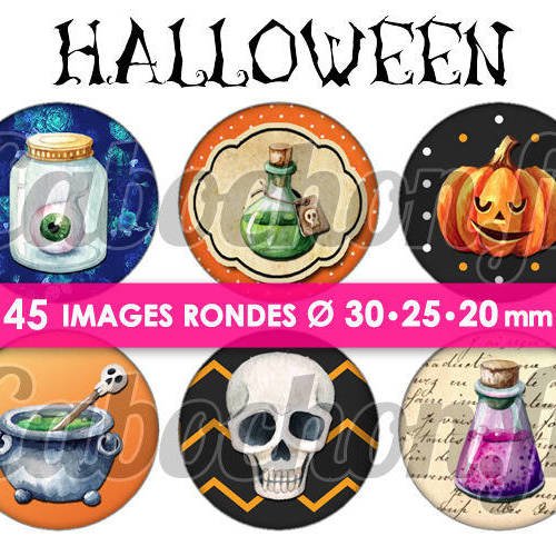 Halloween vl  ☆ 45 images digitales numériques rondes 30 25 et 20 mm page de collage digital pour cabochons 