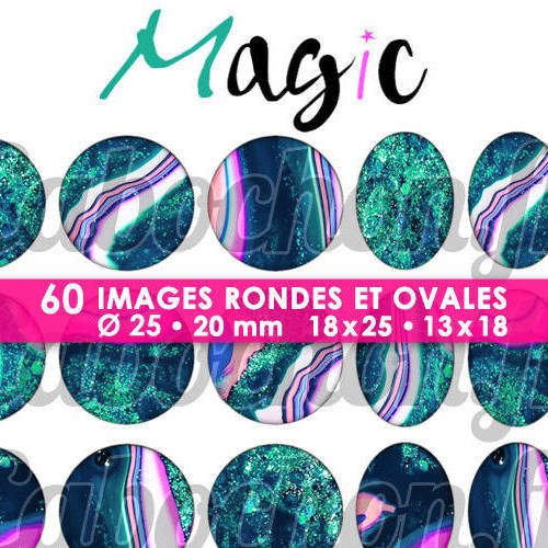 Magic ☆ 60 images digitales / numériques rondes 25 et 20 mm et ovales 18x25 et 13x18 mm page d'images cabochons 