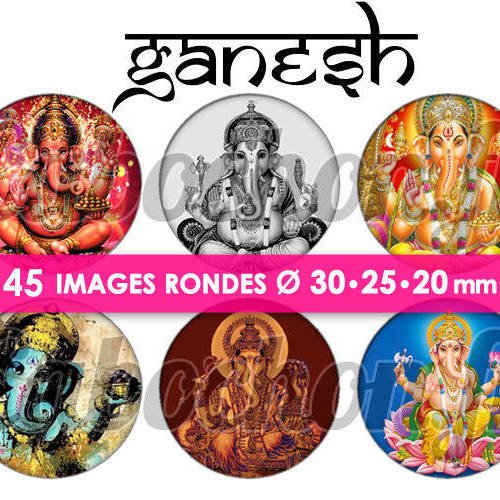 Ganesh ☆ 45 images digitales numériques rondes 30 25 et 20 mm page de collage digital pour cabochons 