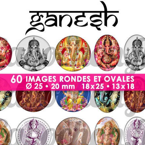 Ganesh ☆ 60 images digitales / numériques rondes 25 et 20 mm et ovales 18x25 et 13x18 mm page d'images cabochons 