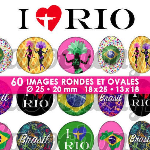 I love rio ☆ 60 images digitales / numériques rondes 25 et 20 mm et ovales 18x25 et 13x18 mm page d'images cabochons 