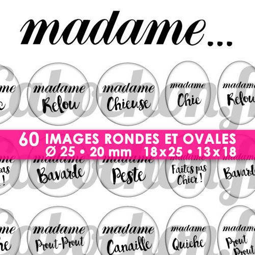 Madame ... ☆ 60 images digitales numériques rondes 25 et 20 mm et ovales 18x25 et 13x18 mm page d'images pour cabochons 