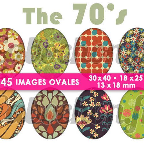 The 70's  ☆ 45 images digitales numériques rondes 30 25 et 20 mm page de collage digital pour cabochons 