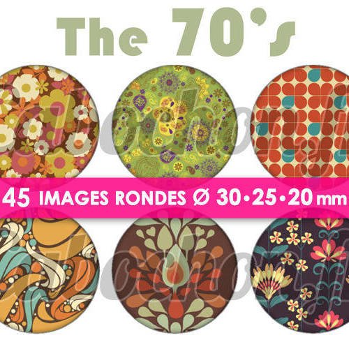 The 70's  ☆ 45 images digitales numériques rondes 30 25 et 20 mm page de collage digital pour cabochons 